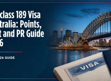 Australian city skyline with a Permanent Residency badge for the Subclass 189 visa