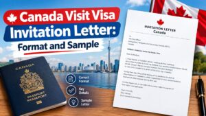 Canada visit visa invitation letter sample with passport and pen on a desk
