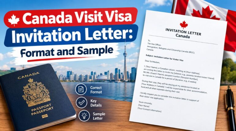 Canada visit visa invitation letter sample with passport and pen on a desk